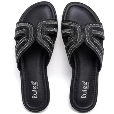 Imagem de Ruiee Sandálias rasteiras femininas de largura larga, modernas, casuais, brilhantes, elegantes, confortáveis, para noiva, casamento, verão, sem cadarço, sandálias de pés largos para mulheres., Preto