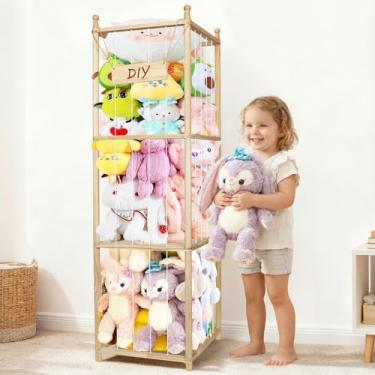 Imagem de Armazenamento e organizador de animais de pelúcia com camadas ajustáveis, suporte de animais de pelúcia de 137 cm, faixa elástica mais grossa, canto de madeira, organizador de brinquedos para guardar