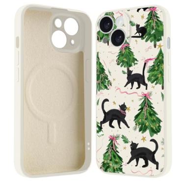 Imagem de BlHMCASE Capa para iPhone 13 Pro, compatível com MagSafe, linda árvore de Natal, laço de gato, capa protetora fina de silicone líquido branco para mulheres e meninas