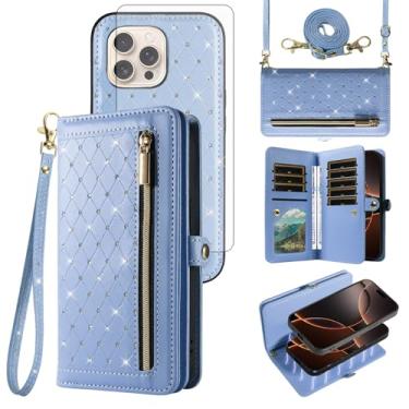 Imagem de Capa de celular para iPhone 16 Pro com zíper carteira magnética destacável com protetor de tela de vidro temperado, alça transversal, flip brilhante, suporte para cartão de crédito i Phone16 i16 16Pro