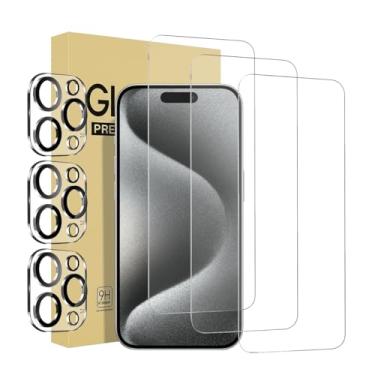 Imagem de Pacote com 3 protetores de tela para iPhone 15 Pro [6,1 polegadas] com 3 protetores de lente de câmera, película de vidro temperado, HD transparente, dureza 9H, sem bolhas, compatível com capas