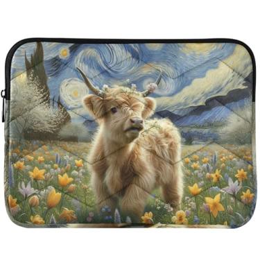 Imagem de Capa acolchoada personalizada Starry Night Highland Cow Bezerro para MacBook Pro 14 capa de laptop inchada bolsa universal 13-14 polegadas