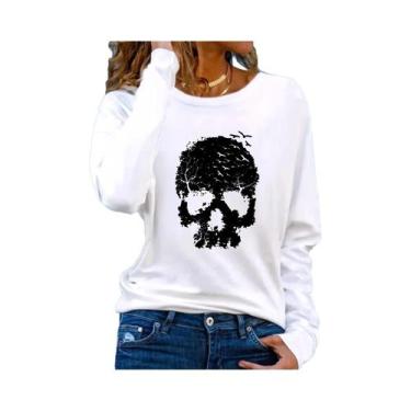 Imagem de Camiseta Feminina De Manga Longa 100% Algodão Com Estampa De Caveira, 