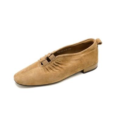 Imagem de TinaCus Mocassim feminino de couro legítimo/camurça bico quadrado feito à mão sem cadarço casual, Damasco/camurça, 38