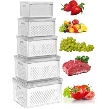 Imagem de Kit 5 Organizadores de Cozinha com Potes Herméticos e Escorredor Multiuso – Organização Inteligente para Geladeira, Pia e Despensa | Ideal para Grãos, Cereais, Legumes e Alimentos