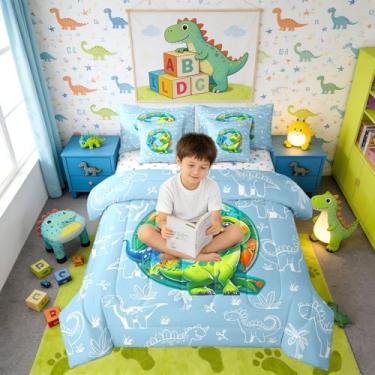 Imagem de Erosebridal Jogo de cama solteiro com monograma de dinossauro, 7 peças, animais da selva, conjunto de edredom com letras iniciais, para crianças e adultos, conjunto de cama de dinossauro