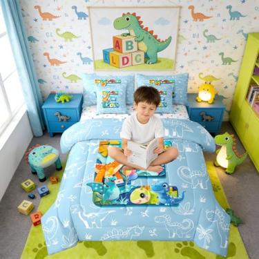 Imagem de Erosebridal Jogo de cama solteiro com desenho animado de dinossauros 3D, 7 peças, lençol com estampa azul, letra E, para crianças e adultos, animais da selva