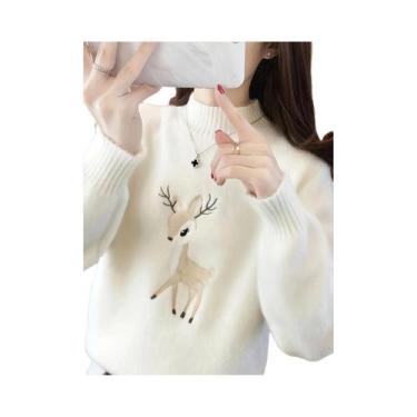 Imagem de Suéter Feminino Com Estampa De Cervo, Gola Alta, Manga Longa, Pulôver 