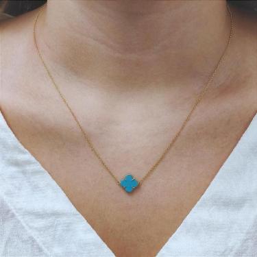 Imagem de Colar de Ouro 18k com Trevo de Turquesa - Joia Elegante e Sofisticada 