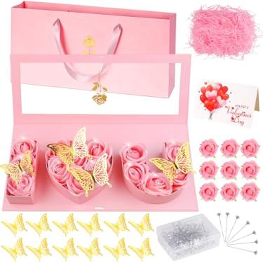Imagem de QAUYETM Caixa vazia I Love You, caixa de presente de flores em forma de letra I Heart U com flores artificiais decoração de borboleta para Dia das Mães, aniversário e aniversário (rosa)