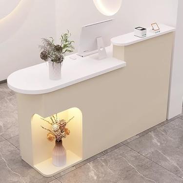 Imagem de Mesa de recepção moderna com luz LED, balcão de caixa e armário de armazenamento - ideal para loja, escritório, sala de recepção (bege, 100 x 50 x 105 cm)