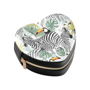 Imagem de Burbuja Zebras Caixa de joias em forma de coração com folhas tropicais, mini estojo de viagem para mulheres e meninas, organizador portátil de armazenamento para brincos, anéis, colares e pulseiras