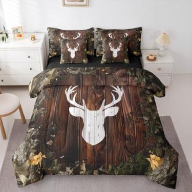 Imagem de Erosebridal Conjunto de edredom de camuflagem de veado branco e preto, tamanho Queen, 7 peças, cama rústica de caça em uma bolsa, chifres da floresta, conjunto de cama para adultos e crianças