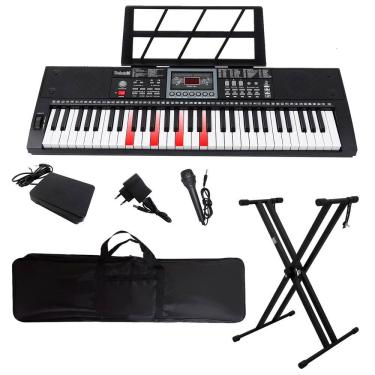 Imagem de Kit Teclado Musical 61 Teclas Iluminadas Estudante Rhythmic 80 + Capa Suporte X e Pedal