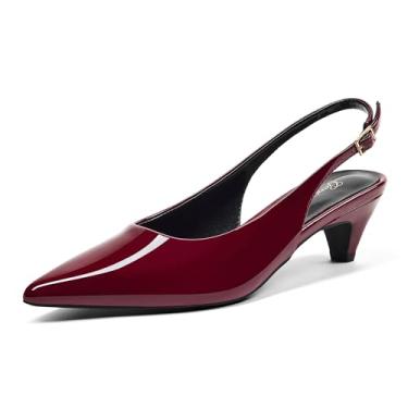 Imagem de GENSHUO Sapato feminino de bico fechado, salto cônico, bico fino, salto gatinho baixo de 5 cm com alça ajustável para trabalho, festa de casamento, Patente vermelho-vinho, 36