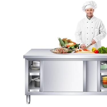 Imagem de Armário de mesa de trabalho de aço inoxidável resistente, mesa de preparação de 120 x 50 cm com armazenamento de 2 camadas, bancada de trabalho de cozinha comercial para casa, restaurante, garagem e