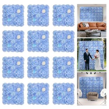 Imagem de RIDDSEE Pano de fundo de parede de flores, 12 peças, 42 x 42 cm, painel floral artificial, flores de seda sintética, decoração de rosa para arranjo de casamento, decoração de parede de casa, festa
