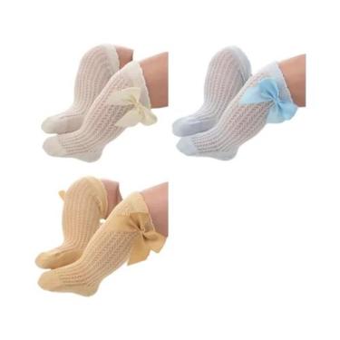 Imagem de Meias De Algodão Respiráveis Para Bebês Meninas, 3 Pares, Com Laço, Pa