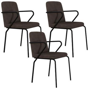 Imagem de Kit 03 Cadeiras Estofada Para Sala De Jantar Com Braço Loft Preto C01 Bouclê Marrom - Lyam Decor