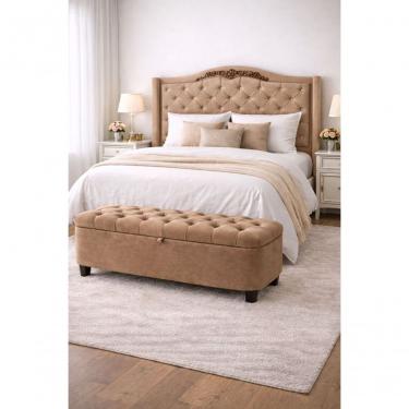 Imagem de Kit De Quarto Lisboa Cabeceira De Cama Box E Calçadeira Baú Casal 140 Cm Suede Bege Eli Móveis E Decoração