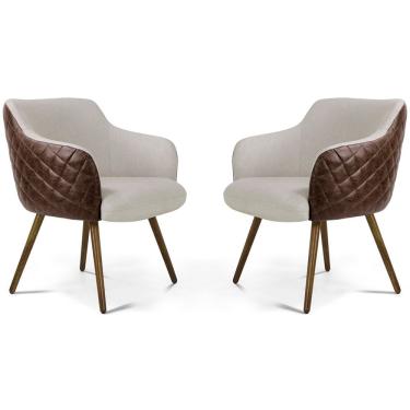 Imagem de Kit 02 Poltronas Jade Tressê Pés Palito Corano Rústico Marrom/linho Cru - Nexta Casa