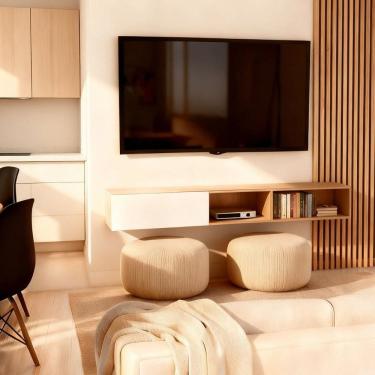 Imagem de Rack Suspenso Compacto para Tv Design Moderno com Espaço para Livros e Objetos Tower 1550 Branco/Cinamomo