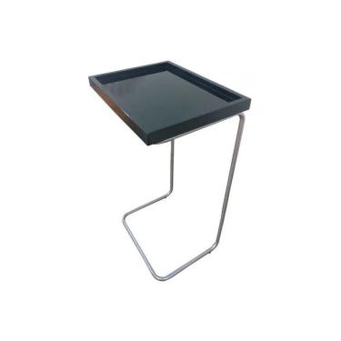 Imagem de Apoio Lateral Para Sofá Sala Bandeja Sem Espelho Porta Copos Base Metal Decoração Preta Prata