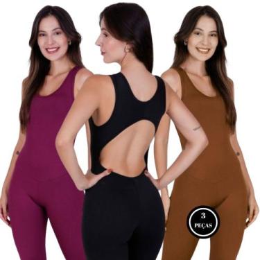 Imagem de Kit 3 Macacão de Academia Fitness Liso -c4 KIT 2 SOLANGE VINHO, PRETO 