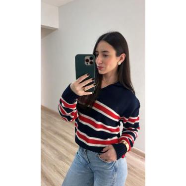 Imagem de Blusa Feminina Gola Polo Listras Tricot Inverno Cor:Azul Marinho/Verme
