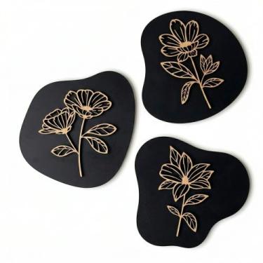 Imagem de Kit 3 Quadros Decorativos MDF Floral Moderno para Parede Sala - Quadro