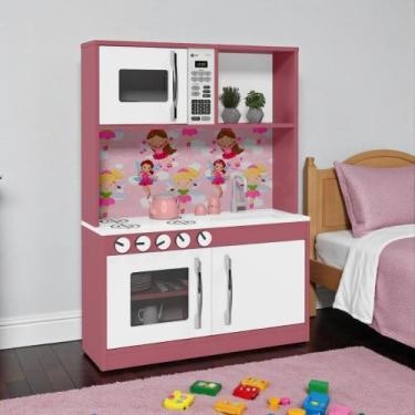 Imagem de Cozinha Infantil Armário Lux com Fogão Branco Rosa em Mdf para Sala de
