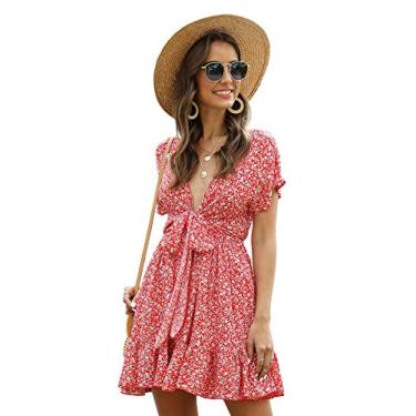 Imagem de Floerns Vestido curto feminino de verão com decote em V e costas abertas, Vermelho/branco., G