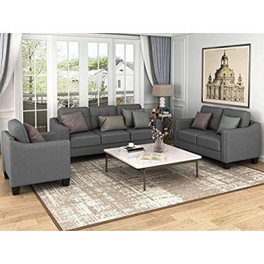 Imagem de Conjunto de sofá para sala de estar de 3 peças, sofá moderno estofado com 3 lugares, sofá namoradeira e poltrona individual para sala de estar, escritório, apartamento, preto (cor: cinza, tamanho: conjunto de sofá de 3 peças)