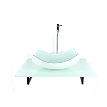 Imagem de KIT CUBA DE VIDRO RETANGULAR CURVADA COM TAMPO 60CM BRANCO FULL E SUPORTE TORNEIRA VALVULA