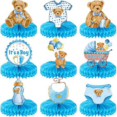 Imagem de 9 peças peças de centro de colmeia de urso de pelúcia It's a Boy Baby Shower Table Decorações de mesa de chá de bebê Urso de pelúcia azul Artigos de festa temática de urso Peças centrais para decoração de mesa para festas de gênero