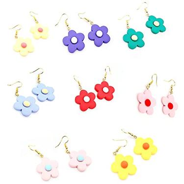 Imagem de 8 pares de brincos coloridos bonitos e leves de resina margarida flor pingente conjunto de brincos para mulheres menina adolescente feito à mão cor doce adorável acrílico doce desenho planta brinco jóias de aniversário presente, resina metal, resina