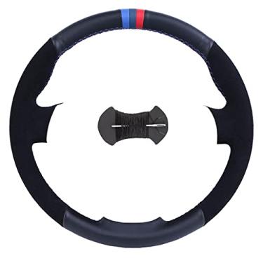 Imagem de OZEQO Capa de volante de carro costurada à mão em couro preto faça você mesmo personalizada, adequada para BMW E46 E39 330i 540i 525i 530i 330Ci M3 2001-2014