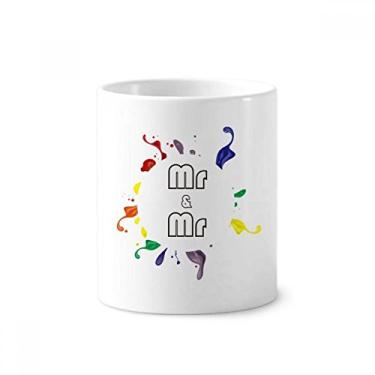 Imagem de LGBT Porta-canetas com bandeira de arco-íris Mr & Mr. Escova de dentes Caneca de cerâmica com suporte para lápis