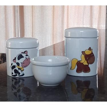 Imagem de Kit higiene bebê 3 peças Fazendinha - Potes e Molhadeira - Peças porcelana