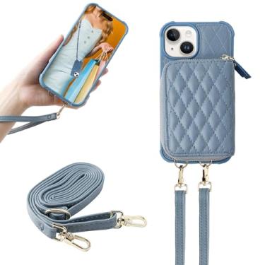Imagem de MONASAY Capa carteira com zíper para iPhone 15, [protetor de tela] [bloqueio de RFID] capa de couro flip para celular com suporte para cartão e alça de ombro transversal 6,1 polegadas Azul claro