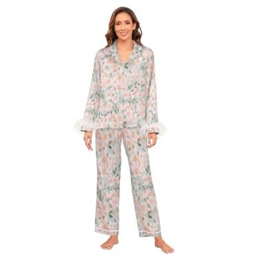 Imagem de GuoChe Conjunto de pijama feminino de cetim macio para senhoras, conjunto de pijamas femininos para festa do pijama, dama de honra, casamento, pijama, Rosa floral, P