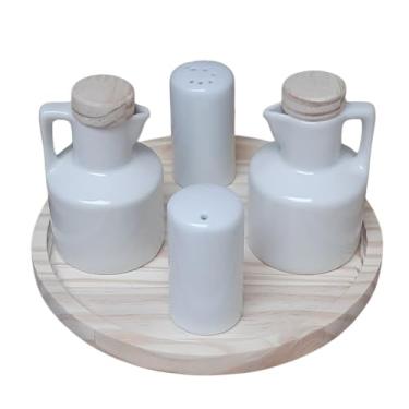 Imagem de Kit Galheteiro 5 peças Azeite, Vinagre, Sal e Paliteiro - Porcelana c/Pinus