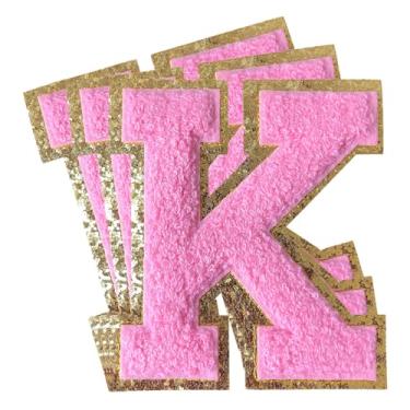 Imagem de 3 peças de adesivos de letras de chenille rosa glitter ferro em remendos de letras universitárias remendo bordado de chenille costurar em remendos para roupas chapéu bolsas jaquetas camisa (rosa, K)
