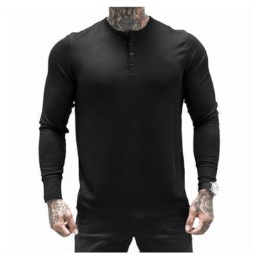 Imagem de Camisa esportiva masculina manga comprida gola Henley camiseta atlética slim fit cor sólida, Preto, G