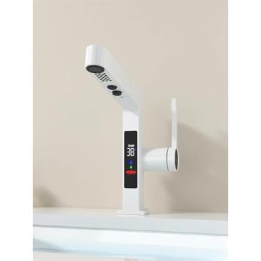 Imagem de Torneira de lavatório Display digital inteligente Torneira de lavatório LED, torneira de pia misturadora de água, torneira de pia de lavatório de banheiro (Cor: Branco)