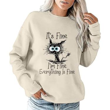 Imagem de It's Fine I'm Fine Everything Is Fine Moletom engraçado com estampa de gato, camiseta feminina de manga comprida, Fnw0002-cáqui, GG