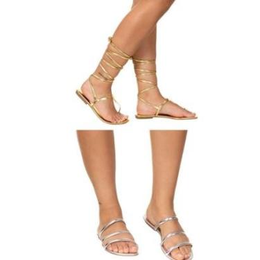 Imagem de kit 2 pares de sandalia rasteira femina tira e gladiadora macia-Feminino