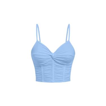 Imagem de Floerns Blusa feminina frente torcida com alças finas e gola V franzida lisa, Azul claro, PP