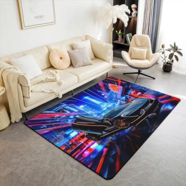 Imagem de jejeloiu Tapete decorativo de carro de corrida preto velocidade carro esportivo tapetes de sala de estar para quarto para crianças meninos meninas tapete de área de carro de corrida 3x5 esportes radicais