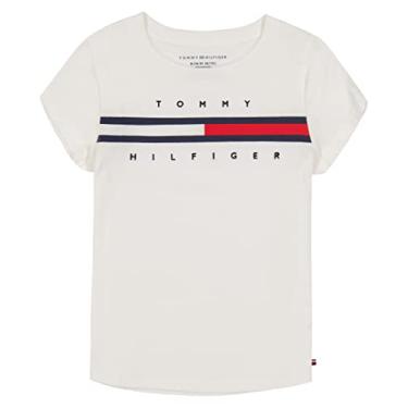 Imagem de Tommy Hilfiger Camiseta de manga curta com gola redonda, gola redonda e estilo pulôver, estampa com logotipo da bandeira, F20 Branco brilhante, G